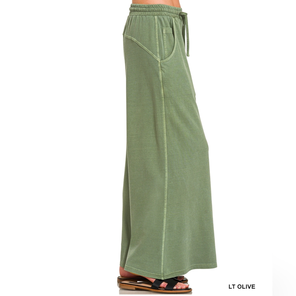 Zenana French Terry Pigment Dyed and Enzyme Washed Pants, Light Olive - Picture 2 of 2